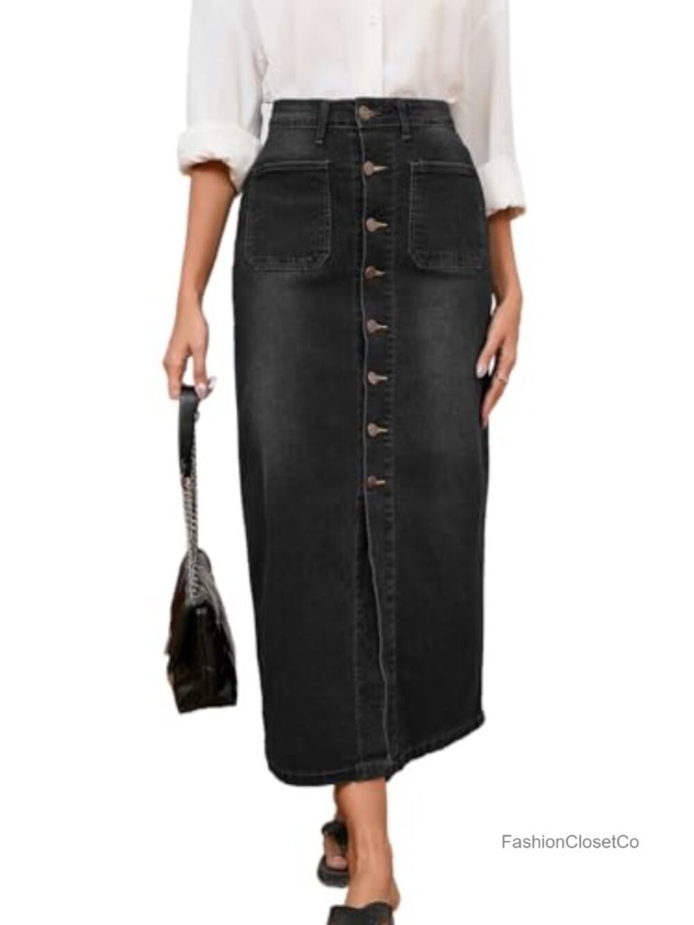 Polyester Spandex Midi Denim Skirt with Slit & Pockets